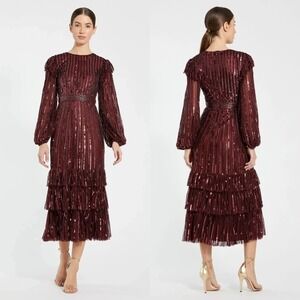NWT Mac Duggal Red Long Sleeve Ruffle Detail Sequin Dress $698 - Size 10